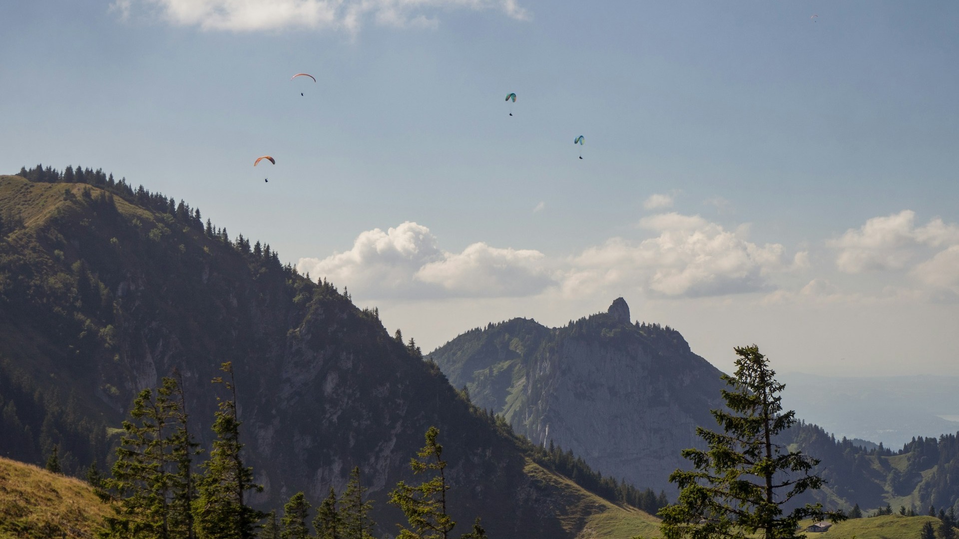 Gleitschirmflieger vor Alpenpanorama in Bayern